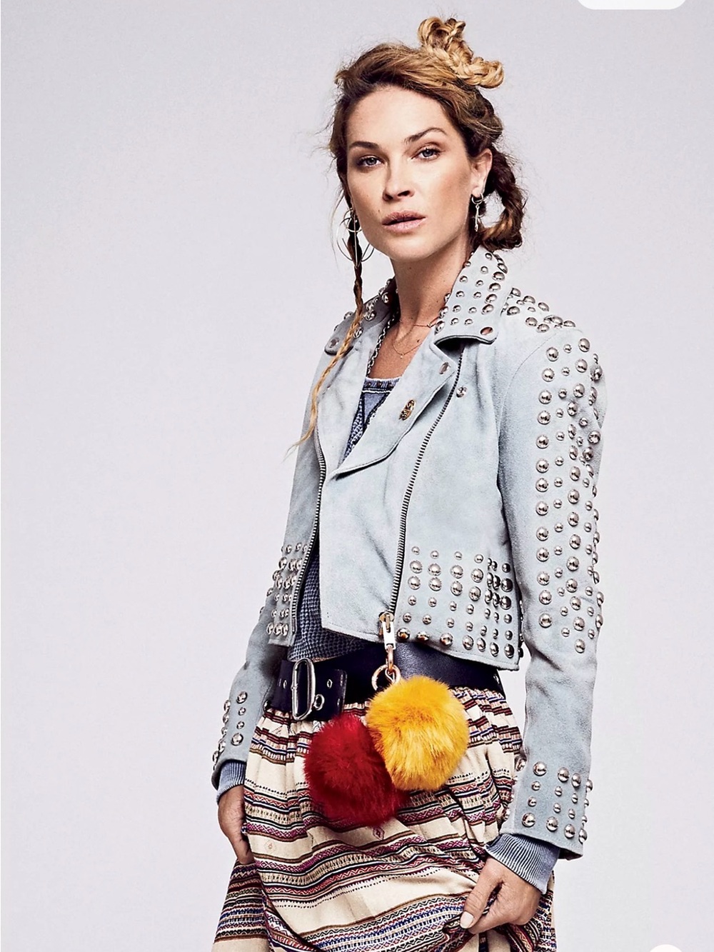 Free People Light Blue Studded Suede Biker Jacket